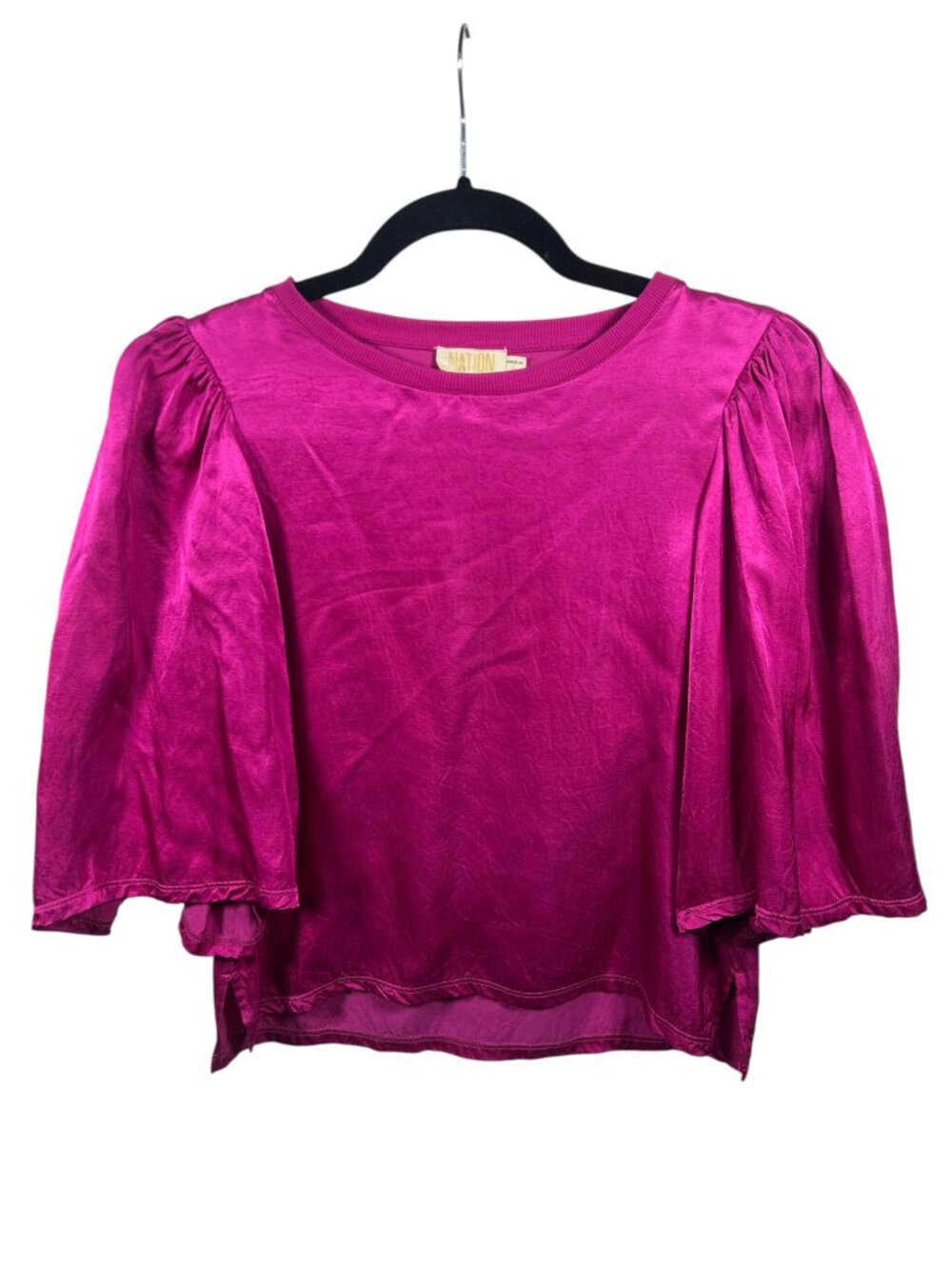 Nation LTD Top Womens Small Blouse Donna Bell Sleeve Sustainable Satin Magenta